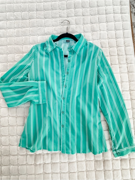 Tops - Striped Mint Green Button-Up Shirt - Women's Casual